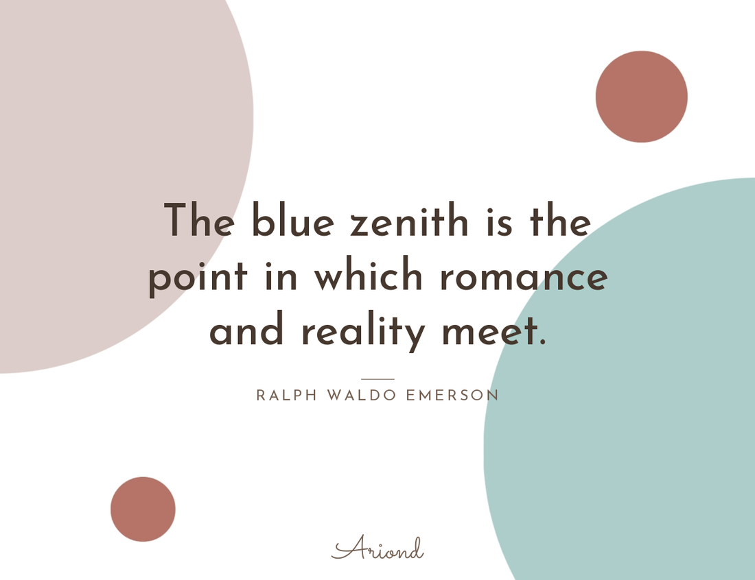 Quote card reading “The blue zenith is the point in which romance and reality meet.” — Ralph Waldo Emerson, on a autumn floral background
