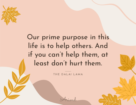 Quote card reading “Our prime purpose in this life is to help others. And if you can’t help them, at least don’t hurt them.” — The Dalai Lama, on a autumn floral background