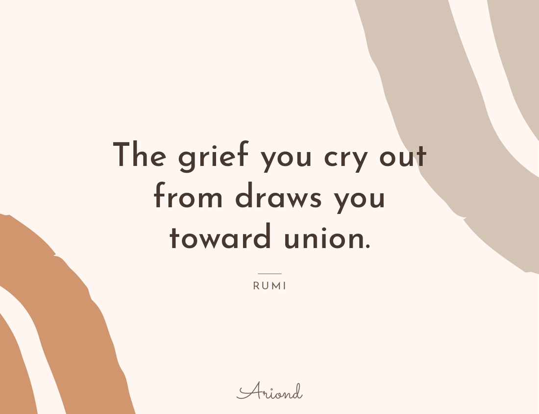 Quote card reading “The grief you cry out from draws you toward union.” — Rumi, on a autumn floral background