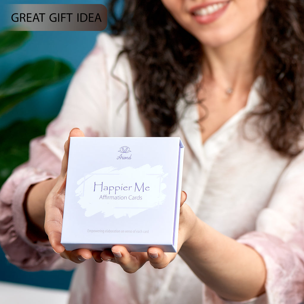 Happier me affirmation cards great gift idea in front of woman