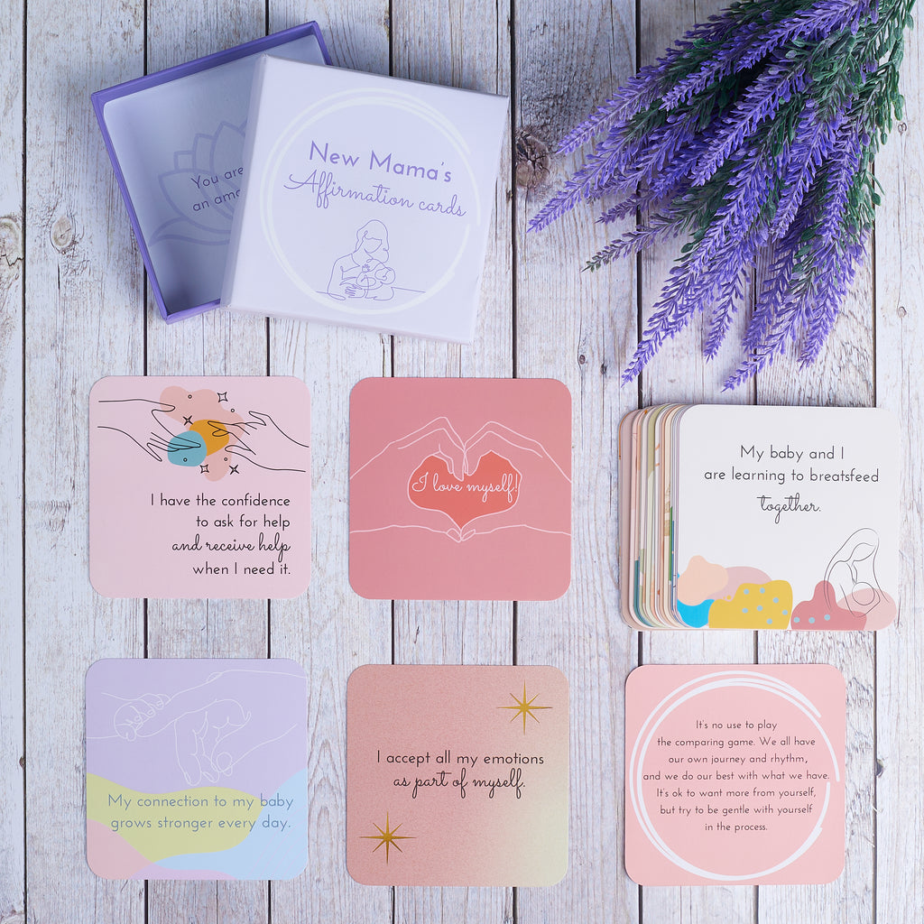 new mama affirmation cards display with lavendar
