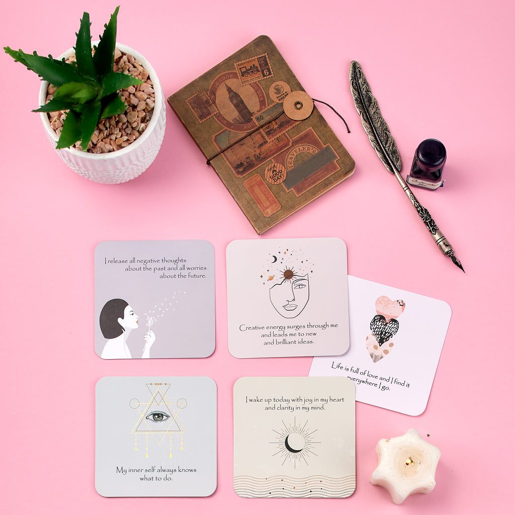 Happier Me Affirmation Cards Lifestyle Pink Background