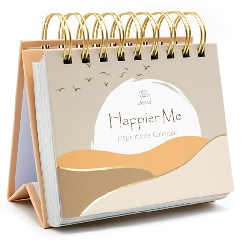 Tan Ariond Happier Me Inspirational Calendar flip calendar cover with gold spiral binding